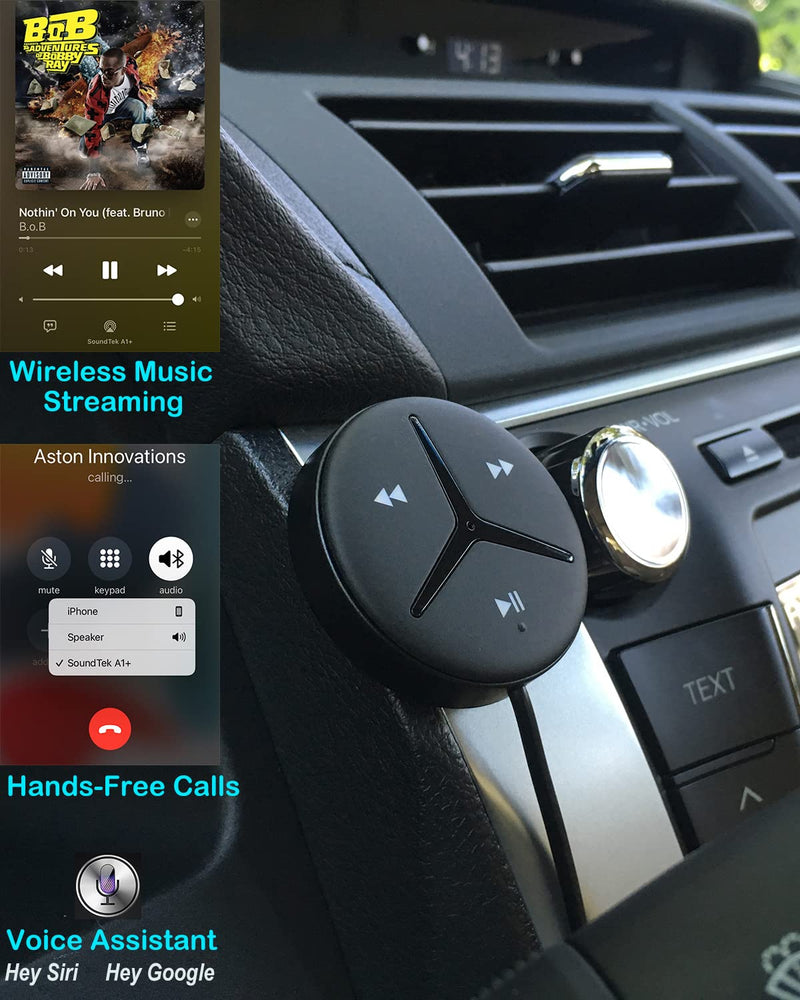 Aston Innovations SoundTek A1+ Bluetooth Car Kit with AAC for Music Streaming Handsfree Calls,Aux Bluetooth Adapter for Car/Home Stereo,Built-in Noise Isolator & MIC,Auto On/Off