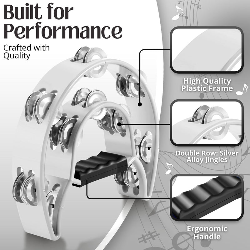 [AUSTRALIA] - Flexzion Tambourine Metal Half Moon Musical Instruments Double Row Metal Jingles Hand Held Instruments Percussion with Ergonomic Handle Grip, Tambourines for Adults, 2 Packs - White 