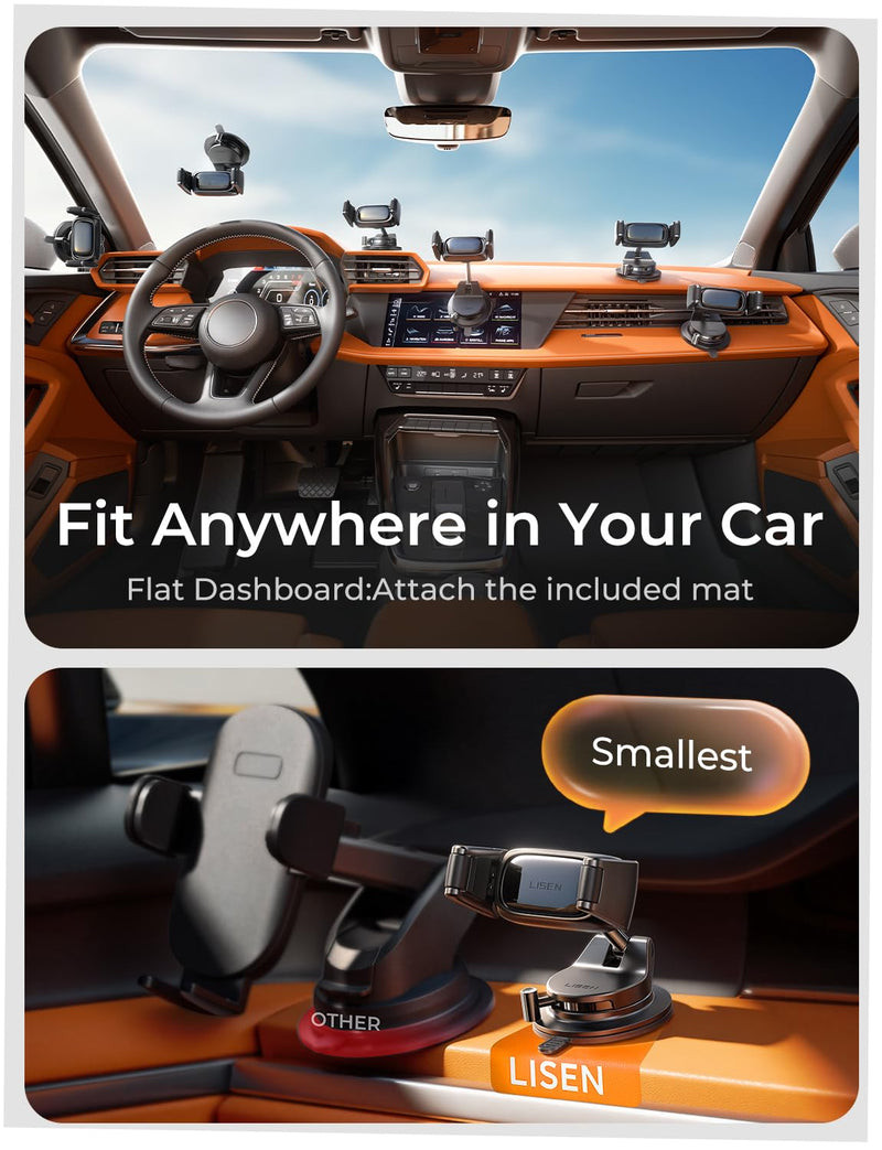 LISEN Suction Phone Mount for Car, [Ultra Suction & 95% Cases Friendly] Car Phone Holder Mount Vacuum Dashboard Phone Holder, Car Cell Phone Holder for iPhone 17 16 15 14 Pro Max Air Galaxy S26 S25