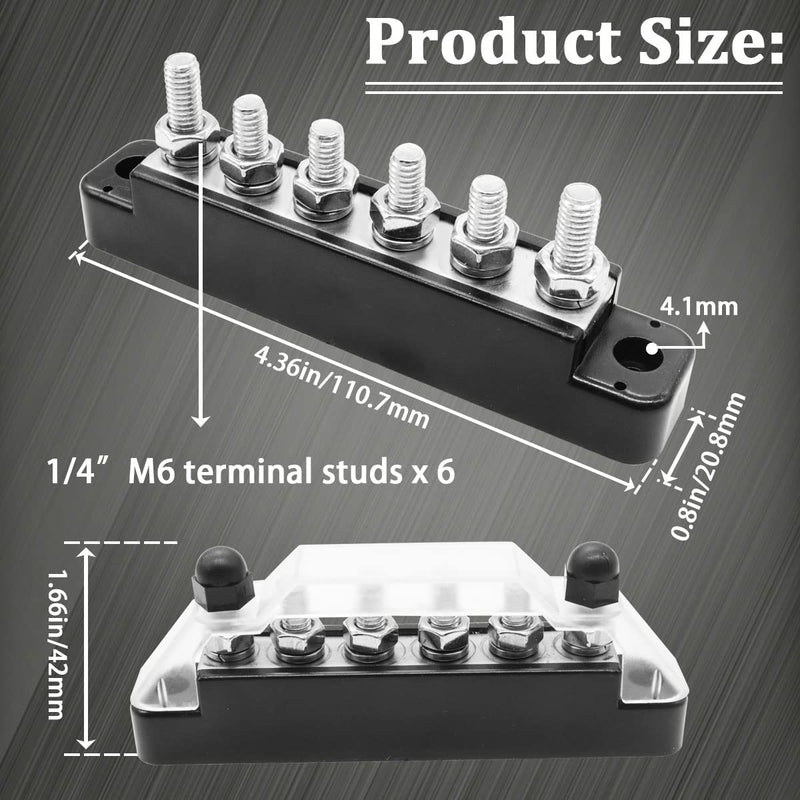 (Red+Black) Power Distribution Terminal Block with Cover with 6 x 1/4” (M6) Post,Battery 12V Bus Bar with Ring Terminals for Car Boat Marine O-078-mini 150A 6 x 1/4" (M6)-mini