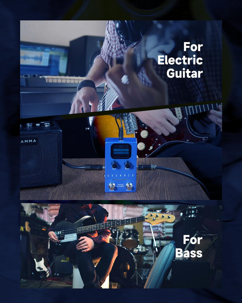 FLAMMA FF02 Drum Machine Guitar Pedal - 121 Drum Grooves, 11 Music Genres, Tap Tempo, Adjustable Rhythms, Stereo I/O for Live & Studio Use Drum Blue
