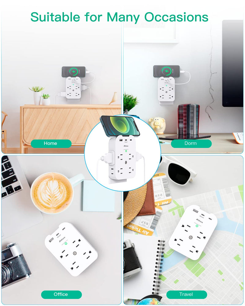 Mifaso Outlet Extender - Wall Surge Protector with 8 Outlets 3 USB 2 USB C, 1 USB A Multi Plug Outlet Splitter, Wall Mount Adapter with Top Phone Holder for Home, School, Office 1800 Joules White - 8 Outlets