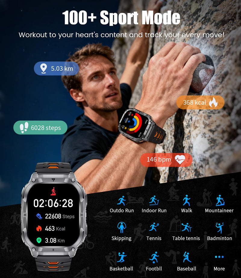 LIGE Military Smart Watch for Men(3 Bands),1000mAh/2 HD Large Screen Smartwatch, Flashlight/110+ Sports Modes, Fitness Tracker Watch for Android iOS,Black black