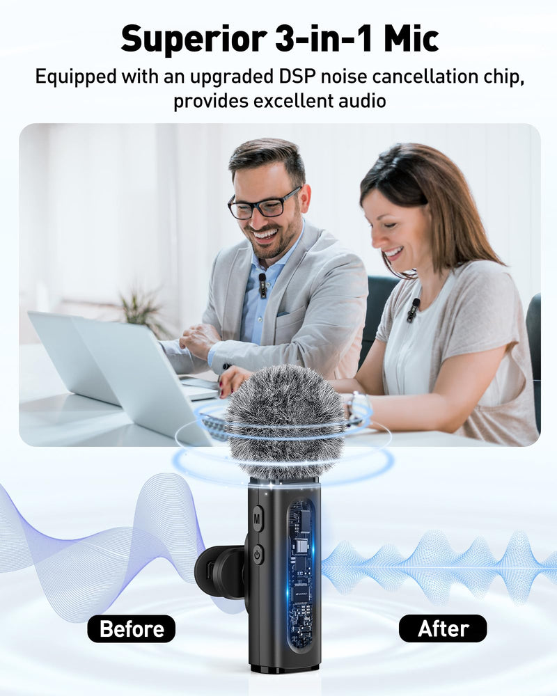 Wireless Lavalier Microphone for iPhone, Android, USB C, PC, Camera Video Recording 4 in 1 Clip-on Mics with Rotatable Clip&Denoise Recording, for Vlog Tiktok YouTube Podcast Content Creator 3in1 Black3