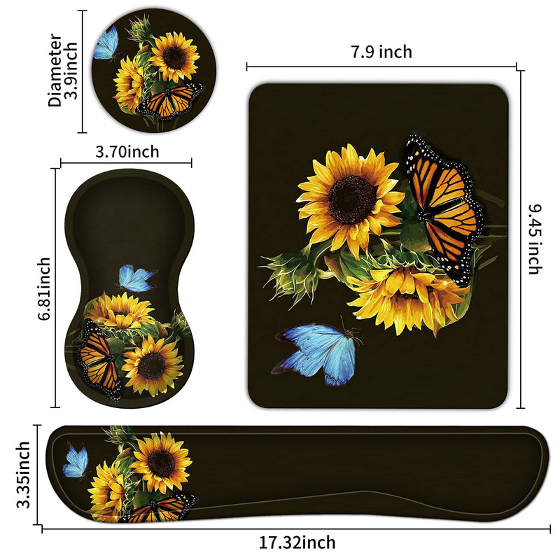 Keyboard Wrist Rest + Mouse Pad + Mouse Wrist Rest Support Set + Coaster, Ergonomic Memory Foam Mouse and Keyboard Pad Set for Laptop Computer Office Home Working Gaming, Sunflower Butterfly