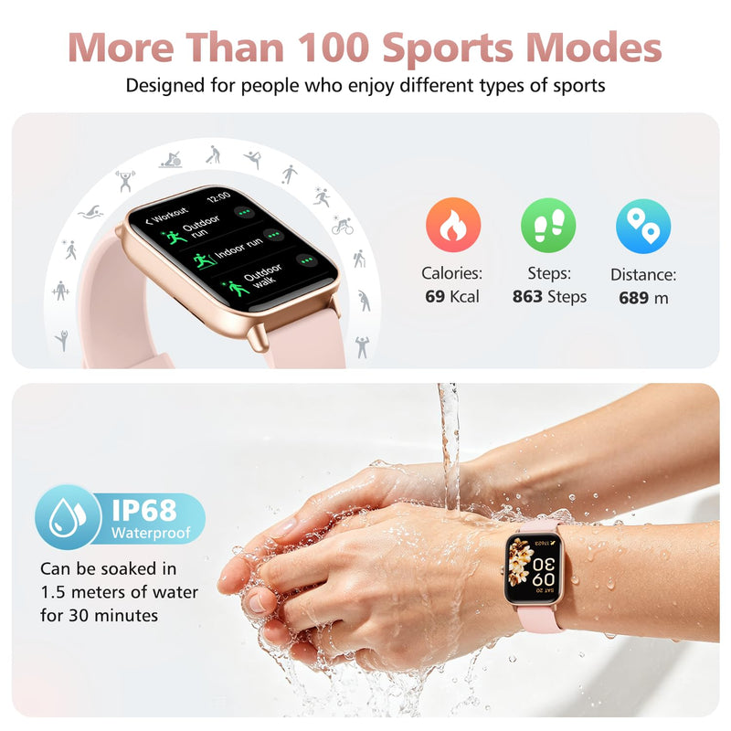 Smart Watches for Women, 1.85" Alexa Fitness Trackers with Call & SMS, Heart Rate, SpO2, Stress & Sleep Monitor, IP68 Waterproof Smartwatch for Android iPhone Samsung etc., 100+ Sports Modes, 2 Bands Blush Pink
