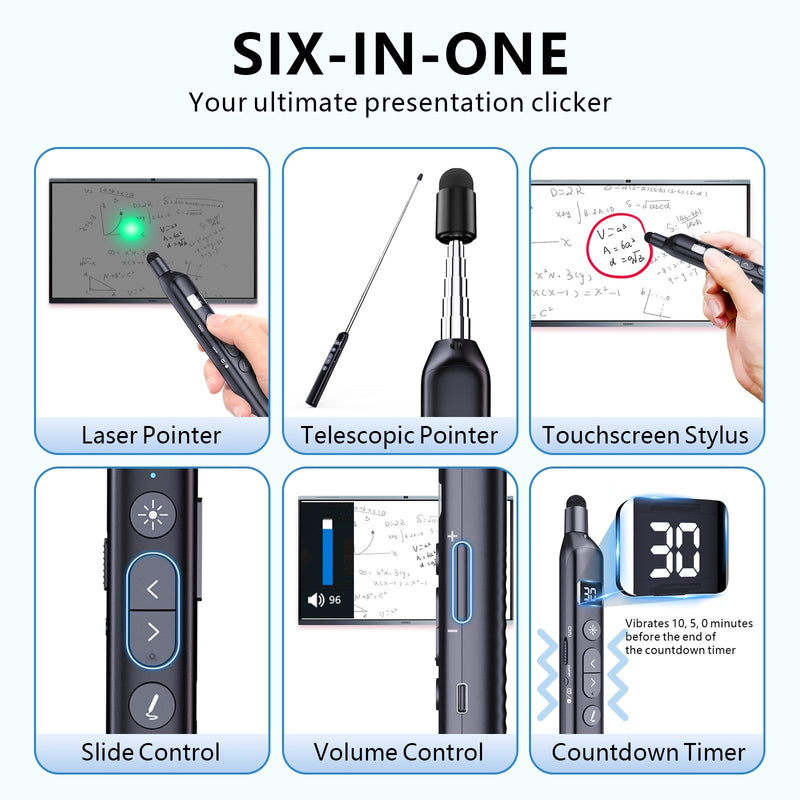 N21 Bluetooth Presentation Clicker for PowerPoint with Retractable Pointer | ①Laser Pointer②Telescopic touch pen③Countdown timer, vibration alert ④Customizable Button ⑤Rechargeable;battery level display Black - Green Pointer