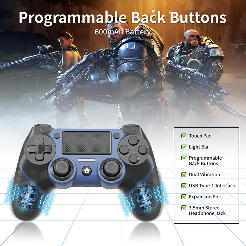 Wireless Controller for P4, Remote Control Compatible with Playstation 4/ Slim/ Pro/ PC, Gaming Controllers with Double Vibration /6-Axis Motion Sensor /Programmable Back Buttons【Upgraded Version】 Blue-Black