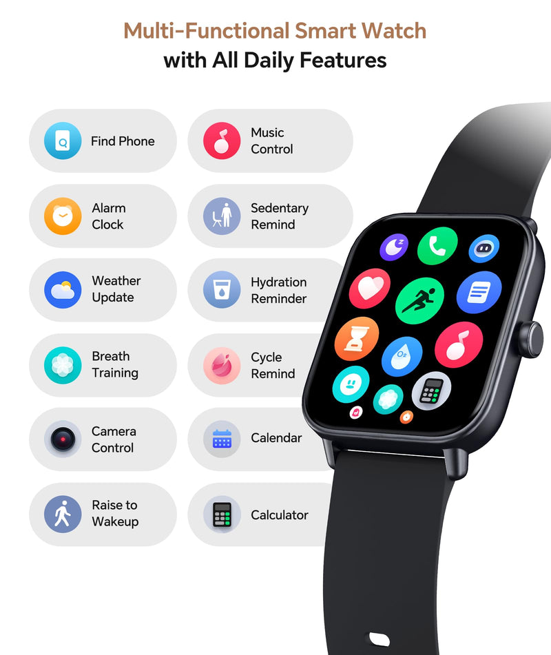 Quican Smart Watches for Women/Men, 2 Bands, Compatible for Android iPhone | 1.8" Fitness Tracker Watches, Alexa Built-in, Waterproof /Bluetooth Calling, Heart Rate/Sleep Monitor, Perfect Smart Gift Black 1.8 Inches