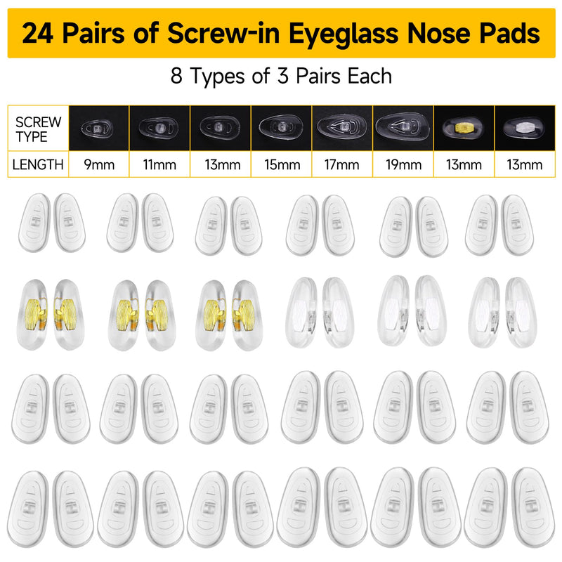 Eyeglass Nose Pads, 24 Pairs of Screw-in Glasses Nose Pads, Upgraded Magnetic Eyeglass Repair Kit with Precision Precision Screwdriver Set, Screws, Tweezer for Travel, Birthday Gift, Christmas Upgrade