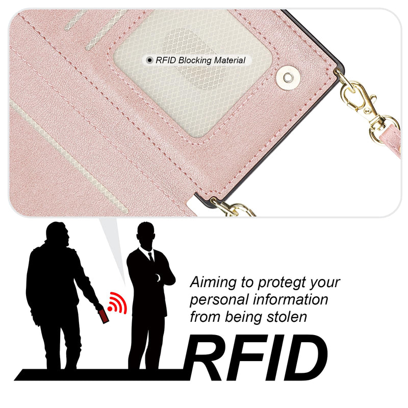 [AUSTRALIA] - Bocasal Crossbody Wallet Case for iPhone 15 with RFID Blocking Card Slot Holder, Magnetic Flip Folio Purse Case, PU Leather Zipper Handbag with Detachable Lanyard Strap 6.1 Inch 5G (Rose Gold) Rose Gold 