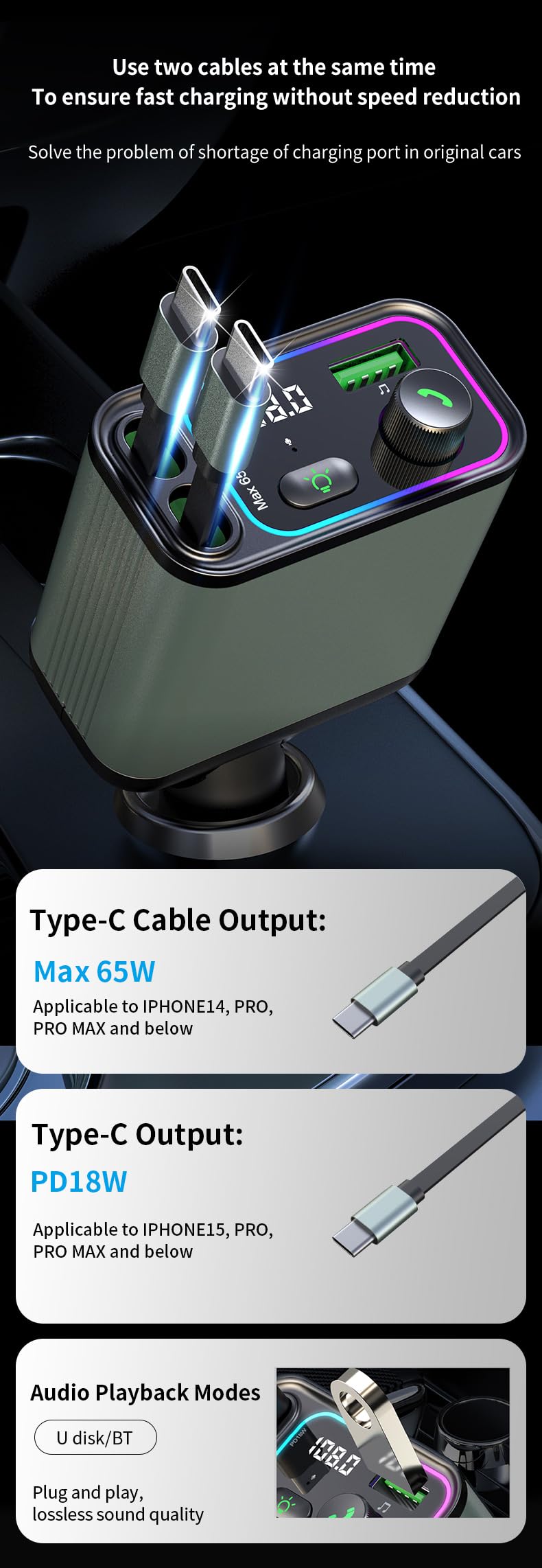 3 in 1 Retractable Car Charger Adapter & FM Transmitter Bluetooth Mp3 Player- Max 65W + 18W with 2 PD Fast Charging,2 Retractable Cables & USB-A Music Playback for iPhone,iPad,Samsung,Pixel