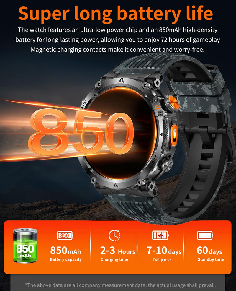 Men's Military Smart Watch with GPS,Compass for Outdoor 1.7" HD Big Face | Fitness Tracker with Bluetooth Calling,Heart Rate/Sleep Monitor/100+ Sports Modes,Long Battery,for Android & IOS 2 Bands Camouflage Black