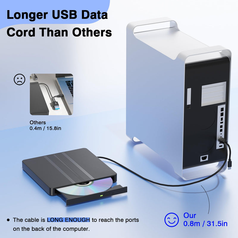 Ultra-Thin External CD DVD Drive with Extra-Long 31.5 Inch Cable | Portable CD/DVD +/-RW Burner USB 3.0 & USB-C Plug & Play Optical Drive for Laptop Desktop PC Windows Mac OS Linux Apple