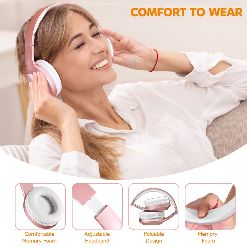 Bluetooth Headphones Over Ear, 68H Playtime and 3 EQ Music Modes Wireless Headphones with Microphone/Deep Bass, HiFi Stereo Foldable Lightweight Headset for PC Home Travel Office (Rose Gold) Rose