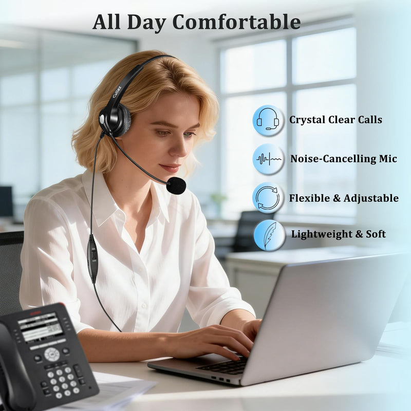 [AUSTRALIA] - Callez RJ9 Phone Headset with Noise Cancelling Mic & Volume Controls, Telephone Headset Compatible with Avaya Plantronics Mitel ShoreTel Digium Nortel NEC Toshiba Aastra Office Landline Deskphones Black 