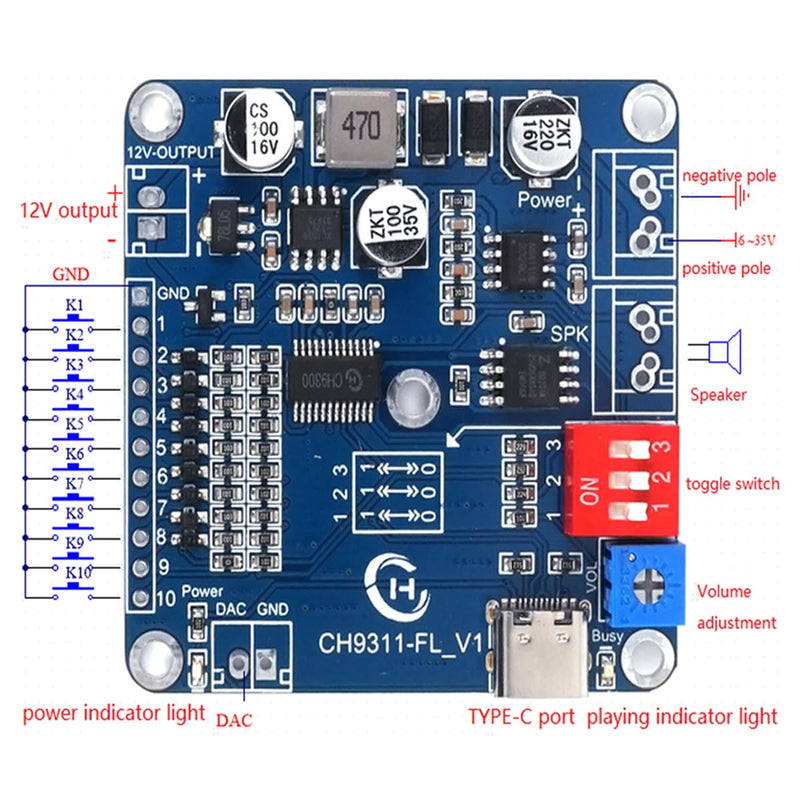 [AUSTRALIA] - 20W Sound Playback Board, 8MB Voice Module USB Downloadable MP3 Music Player DAC 12V Output Support Programmable Combination/Background I/O Trigger 10-Way Amplifier Chip for Industry Broadcast Device. 