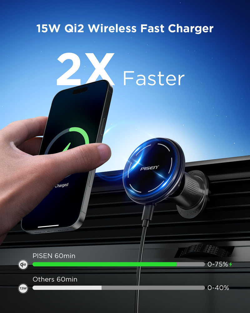 PISEN Mag-Safe Car Mount Charger - Qi2 15W Magnetic Car Phone Holder, 15W Wireless Qi2 Car Charger Mag-Safe Phone Holder, Car Vent Phone Mount Magnet Car Phone Holders for iPhone 16 15 14 13 12 Series
