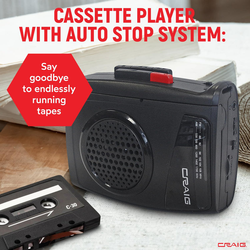 [AUSTRALIA] - Craig Stereo Cassette Player/Recorder with Earphones: Portable AM/FM Radio & One-Touch Recording System 