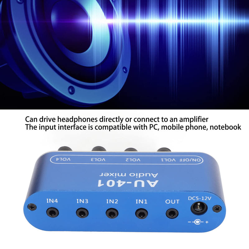 [AUSTRALIA] - Mini Audio Mixer, 4 Channel Line Mixer with 3.5mm Stereo Jack, 4 Input 1 Stereo Output & Volume Adjustment, DC 5V-12V Stereo Mixer for PC, Phone, Laptop, Headphone, Small Clubs or Bars 