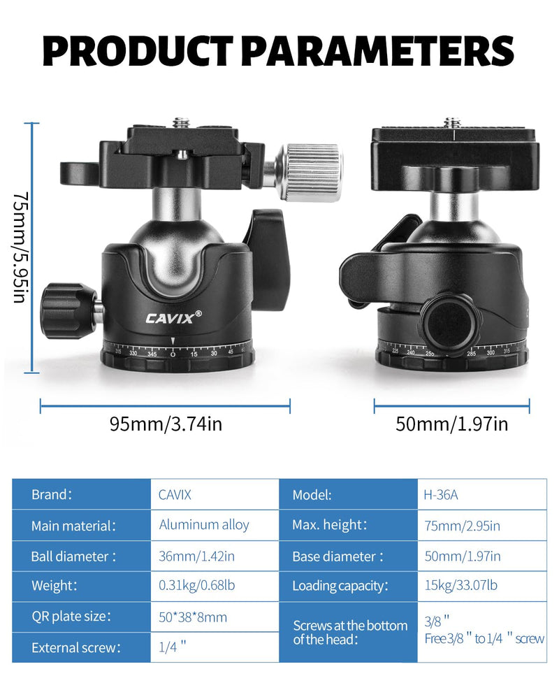 CAVIX Ball Head 360 Degree Rotating Panoramic Tripod Heads with Quick Release Plate Load Capacity 33lb/15kg HB36A