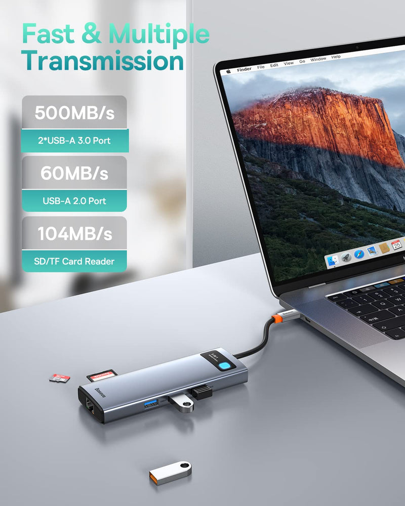 Baseus Laptop Docking Station Dual Monitor 4K@120Hz, 9 in 1 USB C Hub with 2 HDMI, 1000Mbps LAN, 100W PD, 3 USB, SD Card Reader, USB C Dock Compatible with iPhone 15/Mac/Dell/HP/Surface/Steam Deck