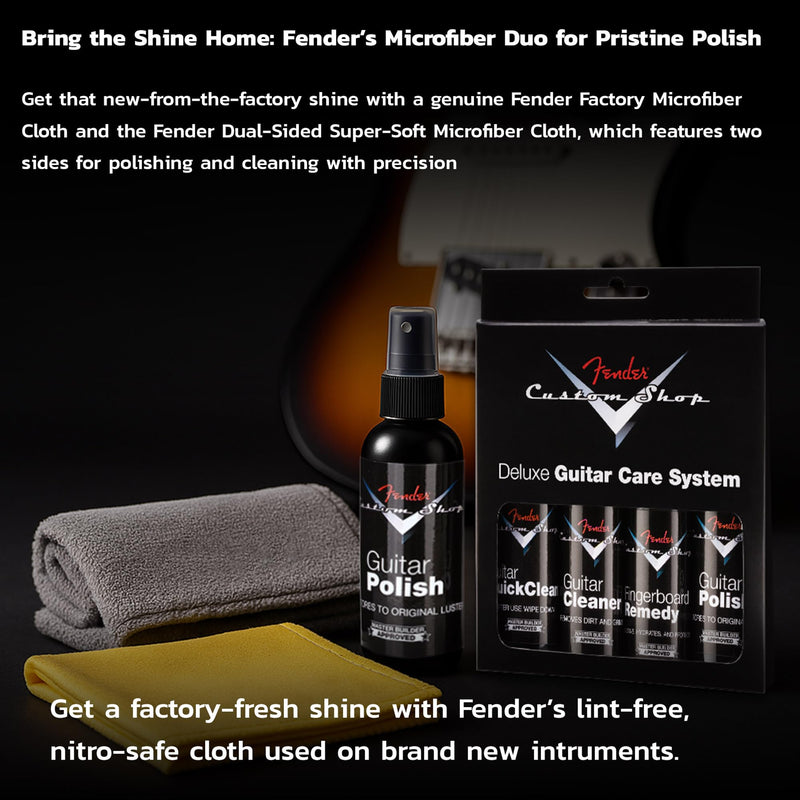 Fender Guitar Super Care Kit Bundle with Custom Shop Deluxe Guitar Care System 4 Pack, Super-Soft Dual-Sided Microfiber Cloth, and Fender Factory Microfiber Cloth Kit w/ Fender Microfiber Cloths