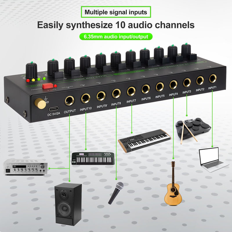 10 Channel Mixer, Compact Mini Mono/Stereo Audio Mixer Line Mixer for Sub-Mixing, Ultra-low Noise 6.35mm 1/4" TRS Input/Output, 5V/2A Sound Mixer for Mics/Keyboards Mixer/Guitars/Bass/Stage