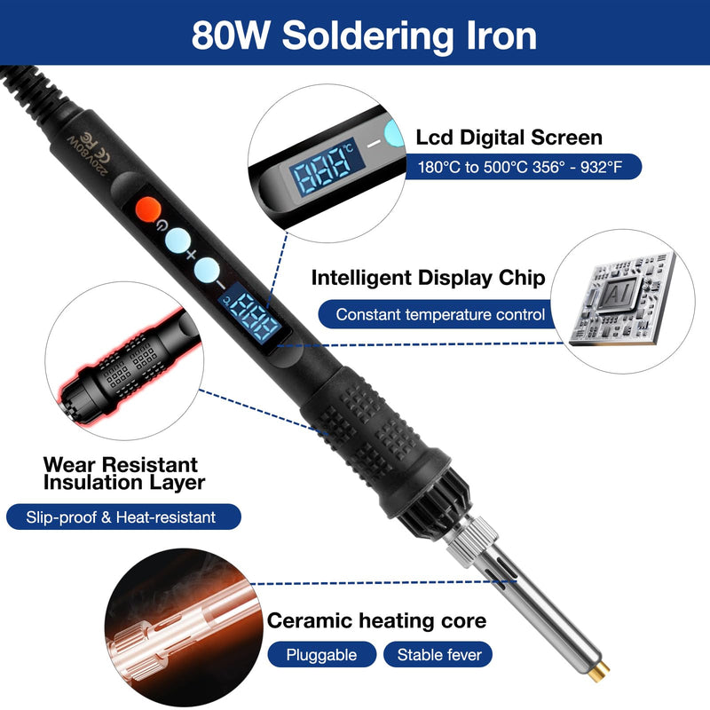 169 Piece Threaded Inserts Soldering Tips Set, 180°C ~ 500°C Temperature Adjustable Soldering Iron with LED Digital Display, 80W Repair Welding Machine Soldering Iron Set with 160 Pieces Thread Insert