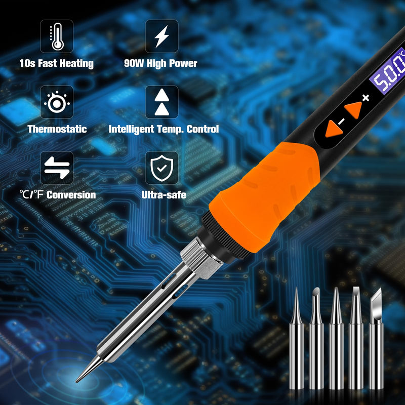 [AUSTRALIA] - Soldering Iron, 90W Soldering Kit, LCD 12-in-1 Soldering Tool, Adjustable Temperature 200-500°C, with 5 x Replaceable Soldering Iron Tips, Desoldering Wire, Lead-Free Soldering Wire, Desoldering Pump, Orange Colour. 