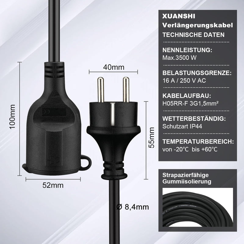 [AUSTRALIA] - Outdoor Extension Cable 2 m for Outdoor Use, Rubber Extension Power Cable with Schuko Plug, IP44 Extension Cable, 3G 1.5 mm² Cable, Outdoor Electric Cable, with Protective Cap, 3500 W, Black 