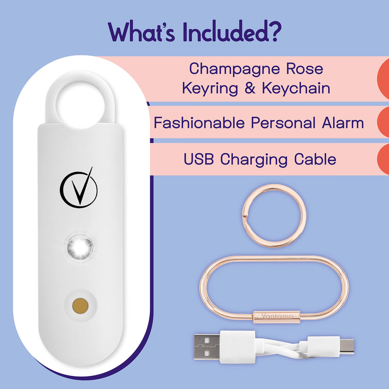 Vantamo Personal Alarm for Women - Extra Loud Double Speakers, First with Low Battery Notice with Strobe Light, Rechargeable - Safety Alarm Keychain Pearly White.