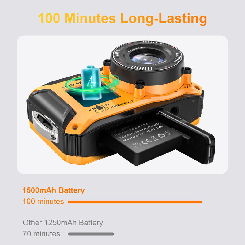 4K Underwater Camera 64MP 33FT Waterproof, 32GB Card Dual-Screen Dustproof | Suitable for Snorkeling, Vacation, UHD Autofocus Point-and-Shoot, Compact , Floatable, 1500mAh Battery, Type-C, Yellow