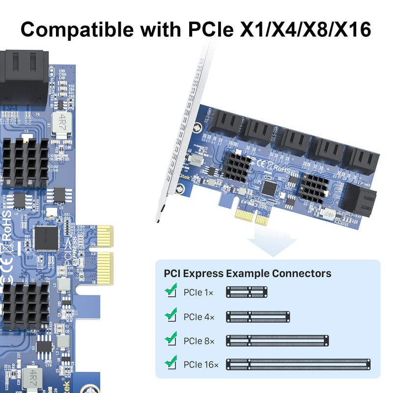 12 Port PCIe SATA Card, SATA3.0 Expansion Card, X1, with 12 SATA cable, Support SSD and HDD 12-Port, PCI-e X1