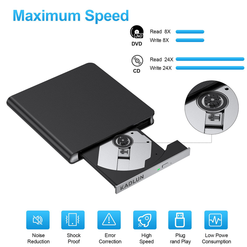External CD DVD Drive for Laptop USB 3.0 USB C CD Burner External DVD Drive Portable CD ROM Burner Reader Writer Drive External DVD Player for Laptop Desktop PC Windows 11/10/8/7 MacBook Mac OS Linux black-8 in 1