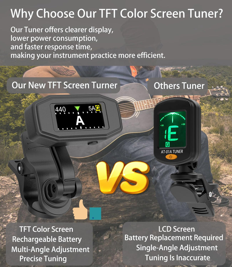 Rechargeable Clip-On Tuner Digital Professional Tuning Tool Tuner for Guitar, Bass, Ukulele, Violin, Mandolin, Banjo, Chromatic Instruments