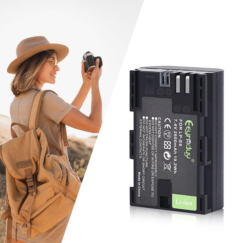 2600mAh 2-Pack of LP-E6 Batteries and Dual Battery Charger Replacement LP-E6 LP-E6N for Canon EOS R R5 R6 R7 60D, 70D, 80D,90D, 5DS R, 5D Mark II III IV, 6D, 7D, C700, XC15 Cameras