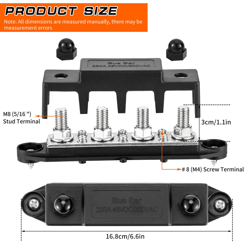 250 A 12 V Busbar 4 x M8 (5/16 Inch) Terminal Bolts DC Bus Bars Distribution Block with Cover, Negative & Positive High Performance Module BusBar Box for Car, Boat, Solar System (M8)