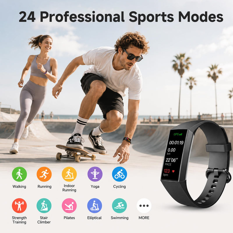 KPEP Fitness Tracker with 24/7 Heart Rate/SpO2/Blood Pressure/Sleep Monitor | 24 Sports Modes Activity Tracker with 1.13" AMOLED Screen, IP68 Waterproof Step Counter for Android iPhones Men Women Black