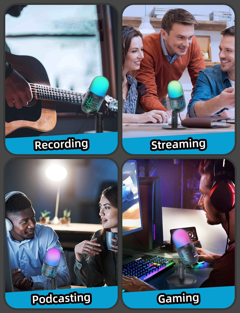 Gaming Microphone, USB Computer Microphone for PC, Mac, PS4/5, Condenser Podcast Mic for Studio Recording, YouTube, Streaming, with Headphone Jack, Led Light, Mute, Gain, Noise Cancellation V5-P