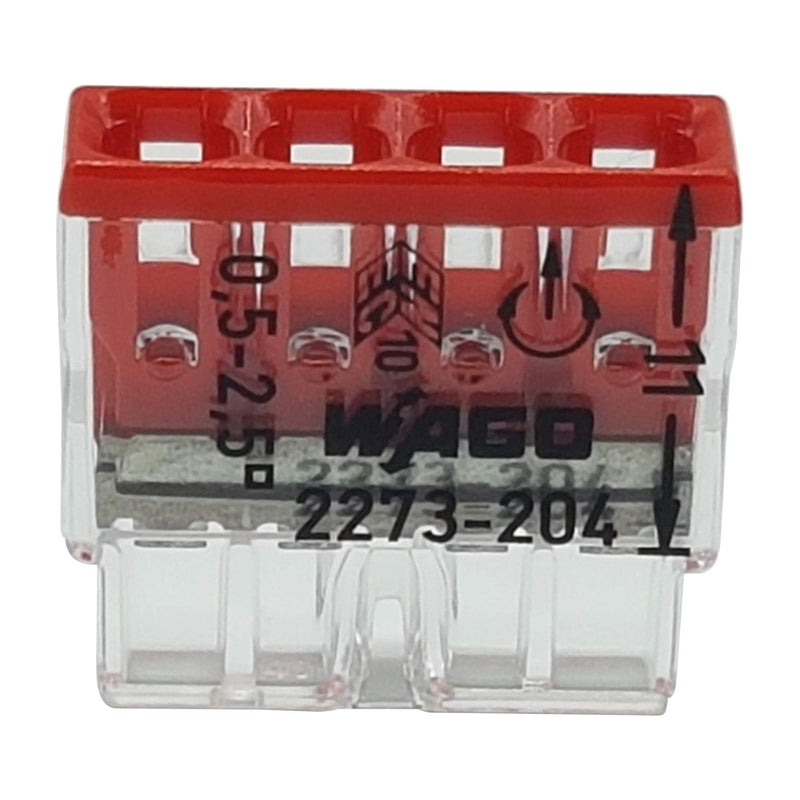 [AUSTRALIA] - Pack of 30 Wago 2273-204 Compact Connectors for Junction Boxes, Diameter 0.5 - 2.5 mm², 4-Pin, Transparent/Red 
