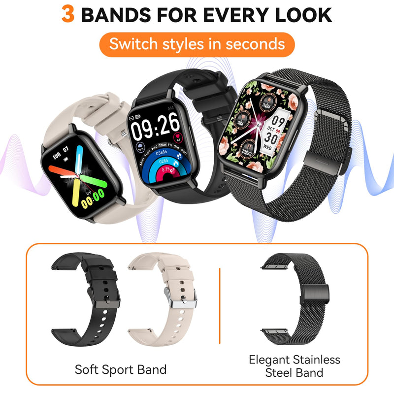Smart Watch for Women(3 Bands), Smartwatch Fitness Tracker with Bluetooth Calls & AI Voice Control, 1.85’’ HD Screen, Heart Rate/SpO2 Monitor, Sleep Tracker, Compatible with Android iOS (Black) Black