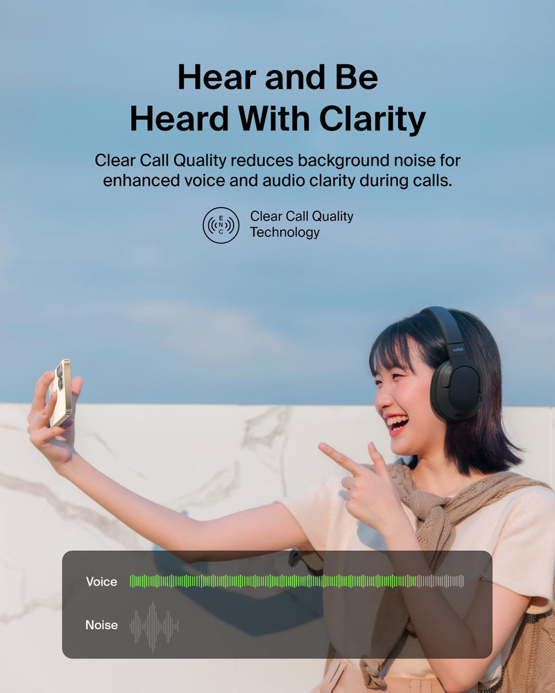 Belkin SoundForm Surround Wireless Over-Ear Headphones | Over-ear Bluetooth headphones, foldable design, recycled materials, multipoint, travel, home, office, commute Black