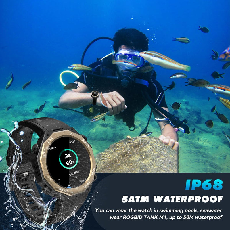 Alpha Gear Smart Watch for Men 680mAh 1.45" AMOLED 5ATM Waterproof Fitness Tracker Watch Heart Rate Blood pressure Blood Oxygen Sleep Monitor Bluetooth Calls Military Smartwatch for iOS Android Black