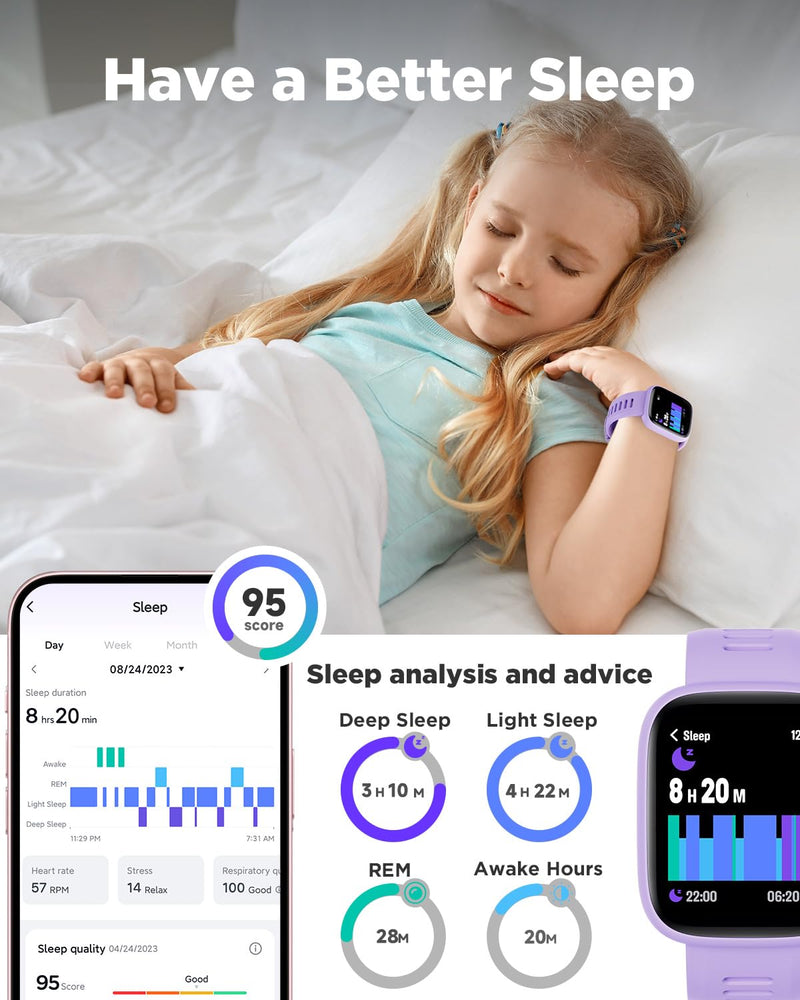 BIGGERFIVE Smart Watch for Kids, 1.8" Fitness Tracker Watch with Pedometer | Heart Rate, Sleep Monitor, IP68 Waterproof, Step Counter, Puzzle Games with/without App for Girls Teens 5-16 Lilac