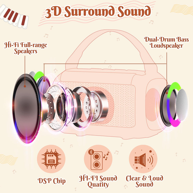 [AUSTRALIA] - MALLMALL6 Mini Karaoke Machine with 2 Wireless Microphone for Kids Portable Bluetooth 5.3 Karaoke Mic LED Color Lights Speaker Christmas Birthday Family Home Party Toys Gift for Boys Girls Pink 