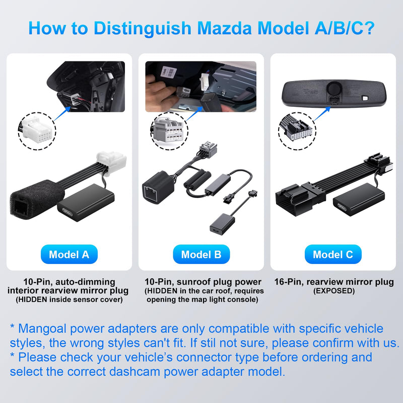 [AUSTRALIA] - Dashcam Power Adapter 10 Pin (Model A) Custom for Mazda, 6 CX3 CX5 CX5 CX9 CX30 CX50 MX30 and More with Auto-dimming Rearview Mirror, Easy to Install 10 pin (Model A) - vehicle with Auto-dimming 