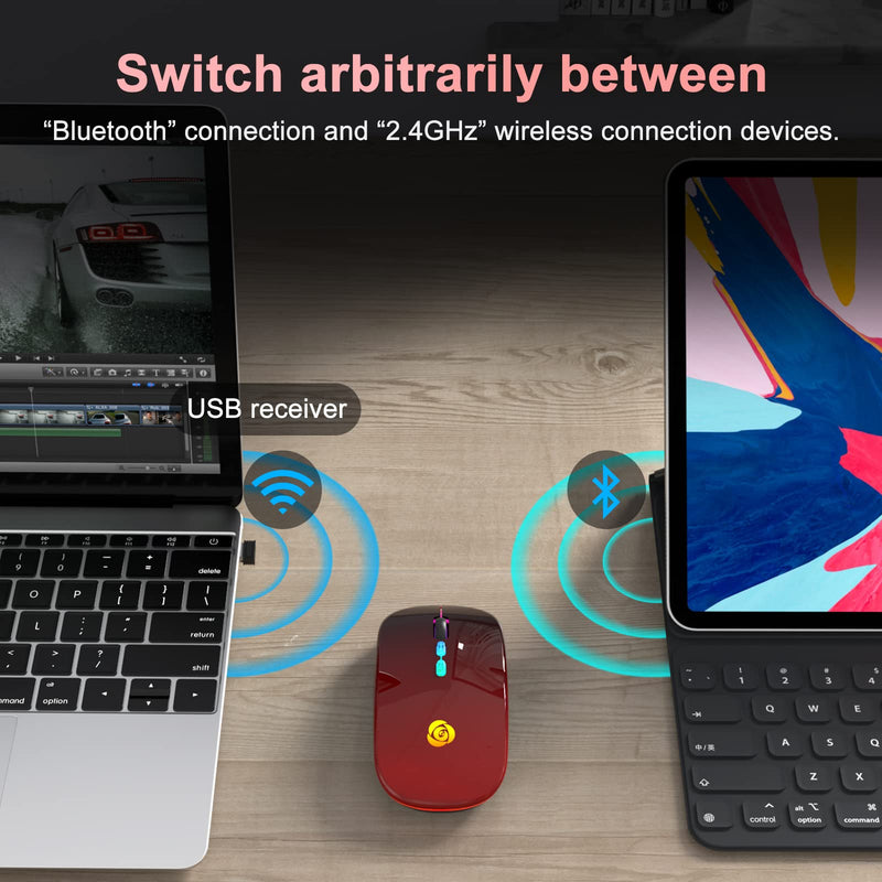 LED Wireless Mouse Bluetooth &2.4GHz Instant Connection,Rechargeable Ultra Silent Slim,3 Adjustable DPI 2 Connection Modes with USB-C to USB Adapter for Laptop/MacBook/PC/Tablet/iPad (Black-red) Black-red