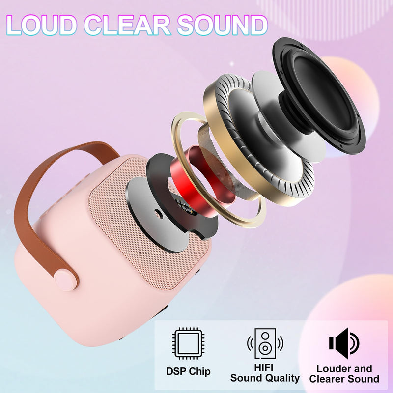 Karaoke Machine for Kids Adults, Mini Portable Bluetooth Karaoke Speaker with 2 Wireless Microphone and Lights,Toys for All Smartphones,Birthday, Family,Home Party Pinkcolor