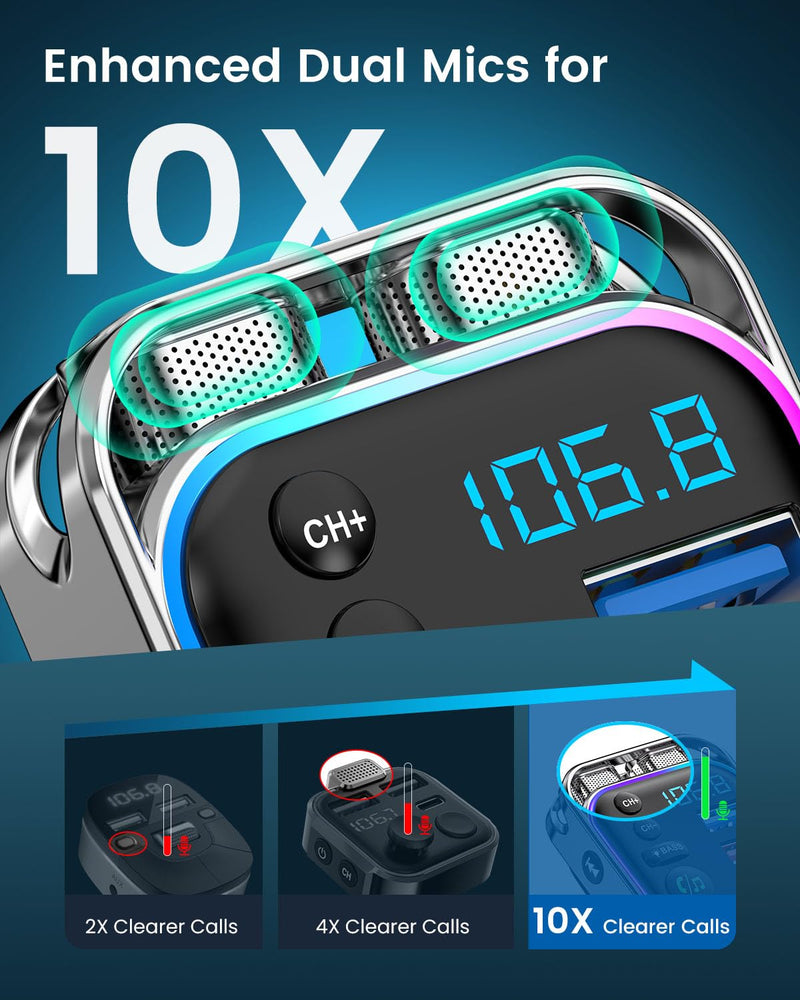 [AUSTRALIA] - LENCENT Bluetooth 5.3 FM Transmitter Car Adapter 48W (PD30W & QC18W) Fast Charger, Light Switch, HiFi Bass Sound Audio Receiver Wireless Radio MP3 Music Player, Hands-Free Calling, Support USB Drive 